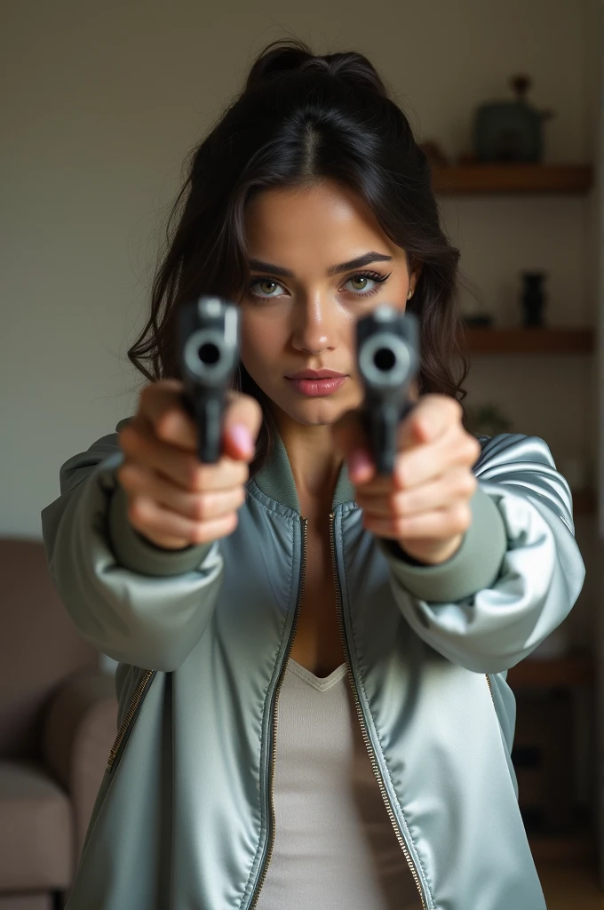 wide depth of focus, living room background, wasteland,, fragments, soft feminine grey and white satin bomber jacket, woman holding 2 pistols held up by face, fighting stance,almost perfect, pure form, intricate details, 8K post-production, high resolution, super detailed, Popular topics on Artstation,, Studio photos, intricate details, Very detailed, both woman and her pistol are in focus