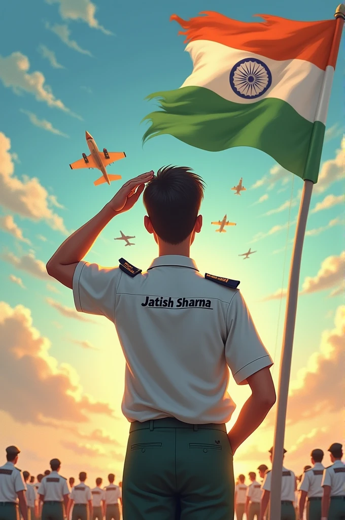 A 16 year old boy named on whose back jatish sharma is written . He is tall and handsome. He is saluting to india flag .Sky is full of india flag aircraft show is going on . Make it realistic.