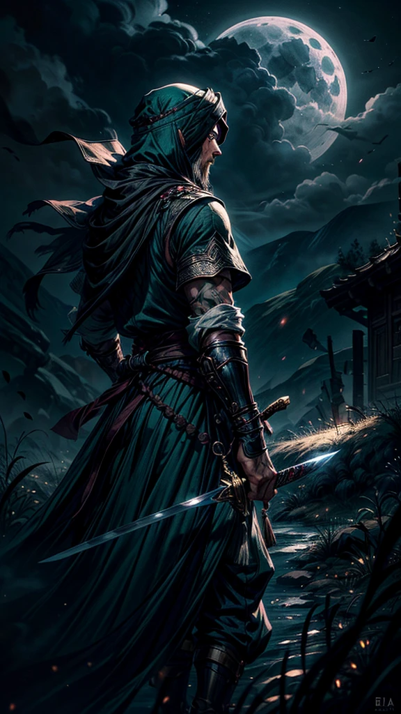 In green color islamic drees muscular warrior wearing a long turban on his head a long veil on head backside full body cover islamic clothes in full moon night 8k quality fantasy illustration in a dark night fantasy illustration with aura nightview
Here’s the revised prompt including the Zulfiqar sword:
"A highly detailed illustration of an Islamic warrior walking firmly into the distance, facing away from the audience under a full moon night. The warrior is adorned in traditional Islamic attire, including a cloak on his head and a long chadar flowing behind him. He carries the iconic ((Zulfiqar sword,)) which has a split tip, strapped to his back. The scene is set in a vast desert under the dark sky, with rolling white clouds and thick smoke drifting into the air. Eagles soar above as the moonlight casts noticeable shadows and light effects. The image has a vivid color scheme with a focus on dark, deep tones, enhanced by light particle effects. The overall style is akin to an ink painting with clear layers, depth of field, and ray tracing, emphasizing the nocturnal atmosphere. This 8k quality image is suitable for a wallpaper, capturing the mysterious journey through a moonlit landscape."