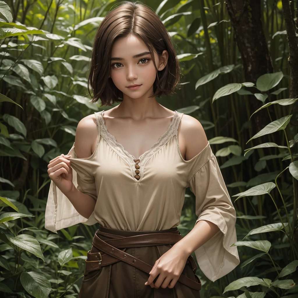 "Depicts only one female character, in a medieval style. She has a youthful appearance, appearing to be in her late teens, but is in fact 30 years old. The focus is on a close-up of her troubled face, with a bright, lively attitude and an energetic, cheerful expression. Her face is androgynous, almost boyish, with soft, youthful features. She has very short hair that falls just short of her shoulders, a natural brown colour. She is slender, with a small chest and short stature. Her clothing is practical, resembling that of a country boy, consisting of shorts and a simple shirt or tunic, in a natural earth colour palette. The background is blurred with lush forest."