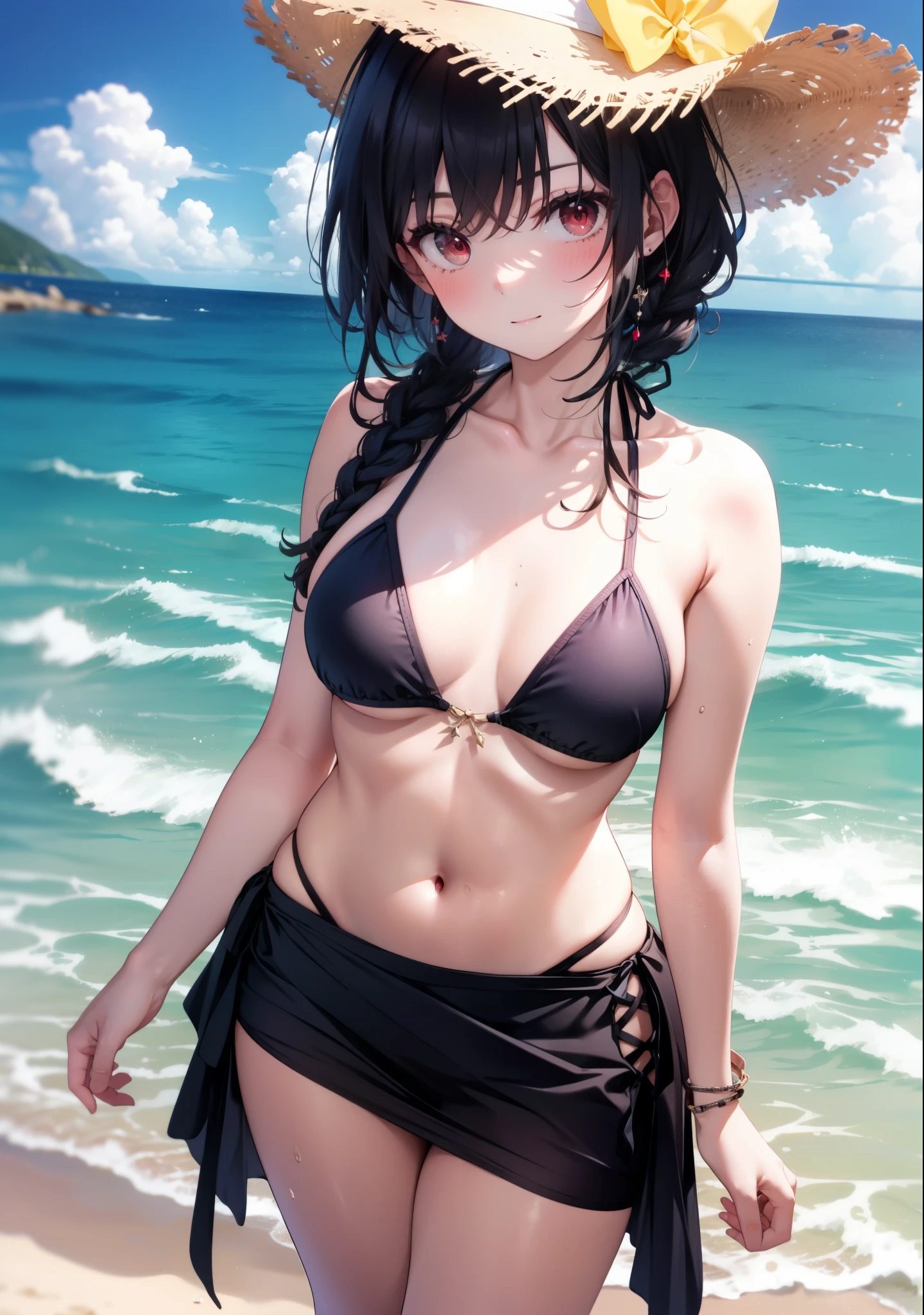 For profit, Next to Kasumigaoka, Black Hair, hair band, Long, thick braids, (Red eyes:1.5), smile,blush,Open your mouth,Black string bikini swimsuit,Belly button,abdomen,A thin long skirt is wrapped around her waist,barefoot,Sandy Beachを散歩している,Daytime,True Summer,Clear skies,whole bodyがイラストに入るように,
break looking at viewer,whole body, (Cowboy Shot:1. 5),
break outdoors, Sandy Beach,Beach,
break (masterpiece:1.2), Highest quality, High resolution, unity 8k wallpaper, (figure:0.8), (Beautiful attention to detail:1.6), Highly detailed face, Perfect lighting, Highly detailed CG, (Perfect hands, Perfect Anatomy),