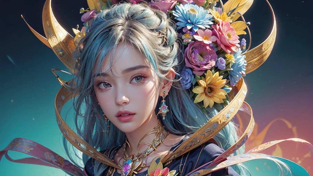 32K, 最高quality, 最高masterpiece, (ultra-Detailed Background, Detailed Background), High resolution, Super detailed, Very detailedな, 1 personの, (bouquet:1.3), (Tangled:1.2), (Geometric:1.2),(colorful),(masterpiece, quality, best quality, Official Art, Beautiful and beautiful:1.2), (1 person:1.3), Very detailed,(colorful:1.1)(Flowers:1.3),Most detailed,(Tangled:1.2), whole body, (Abstract background:1.3), (Skin glows), (Many colors:1.4), ,(Earrings Jewelry:1.5), Light Blue Background,