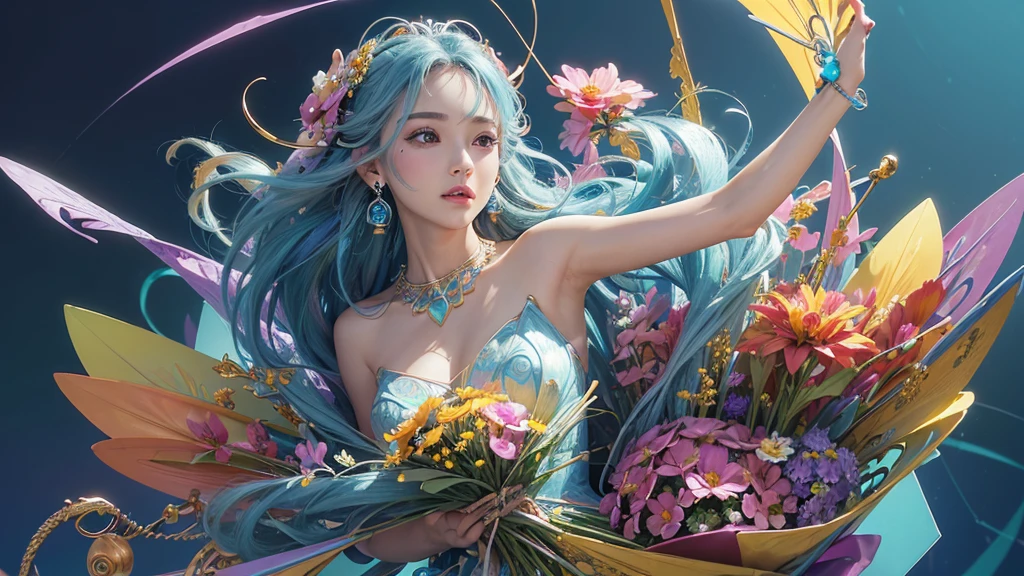 32K, 最高quality, 最高masterpiece, (ultra-Detailed Background, Detailed Background), High resolution, Super detailed, Very detailedな, 1 personの, (bouquet:1.3), (Tangled:1.2), (Geometric:1.2),(colorful),(masterpiece, quality, best quality, Official Art, Beautiful and beautiful:1.2), (1 person:1.3), Very detailed,(colorful:1.1)(Flowers:1.3),Most detailed,(Tangled:1.2), whole body, (Abstract background:1.3), (Skin glows), (Many colors:1.4), ,(Earrings Jewelry:1.5), Light Blue Background,