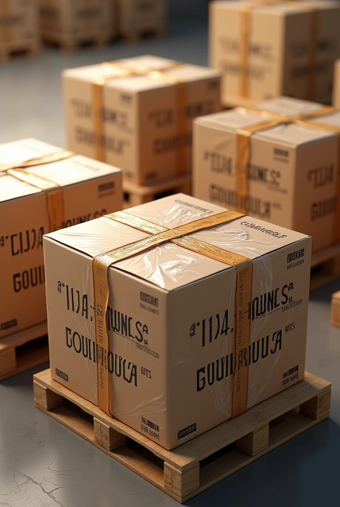 (photorealism:1.2), Show boxes grouped in logistics WITH TAPES AROUND THE BOXES FOR TRANSPORT AND ON PALLETS and with instructions on how to handle the box. But these boxes should have the company name "DELICIAS GOURMET SA" that makes whole grain cookies with nuts