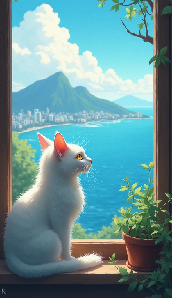 White Cat。nose is pink。Cool impression。Eye color: yellow。Painterly。Old cat。Ghibli style。Slender body。Long hair。Calm expression。looking out the window at the sea and the city。The cat is drawn small。