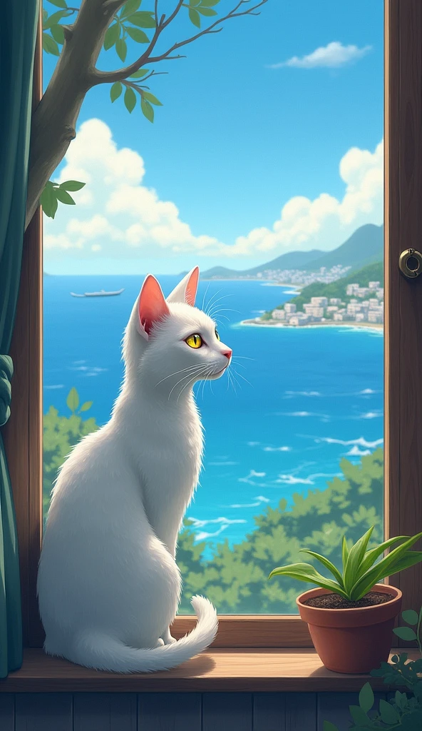 White Cat。nose is pink。Cool impression。Eye color: yellow。Painterly。Old cat。Ghibli style。Slender body。Long hair。Calm expression。looking out the window at the sea and the city。The cat is drawn small。