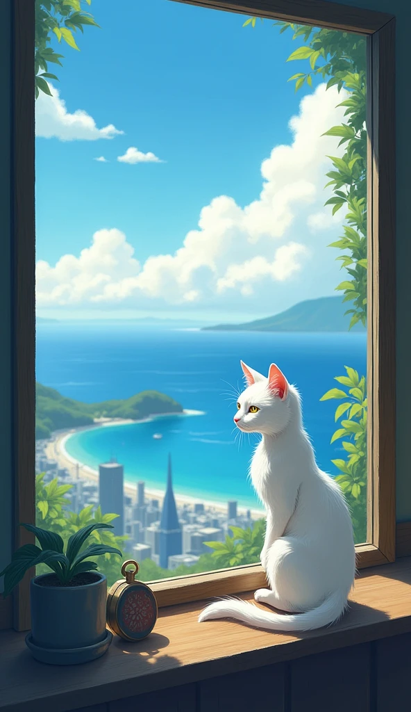 White Cat。nose is pink。Cool impression。Eye color: yellow。Painterly。Old cat。Ghibli style。Slender body。Long hair。Calm expression。looking out the window at the sea and the city。The cat is drawn small。