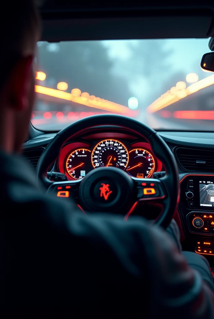 photorealistic,car interior,car dashboard,speedometer,driver pov,from view steering wheel .extreme speed,car meter show high rpm and speed meter. motion blur,light trails,volumetric lighting,cinematic lighting,dramatic lighting,sharp focus,highly detailed,intricate details,vibrant colors,realistic textures,hyper-realistic,masterpiece,8K
