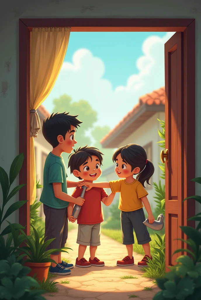 Depict a window or doorway showing neighbors helping each other with small tasks, representing the bayanihan spirit—community cooperation and mutual support.
