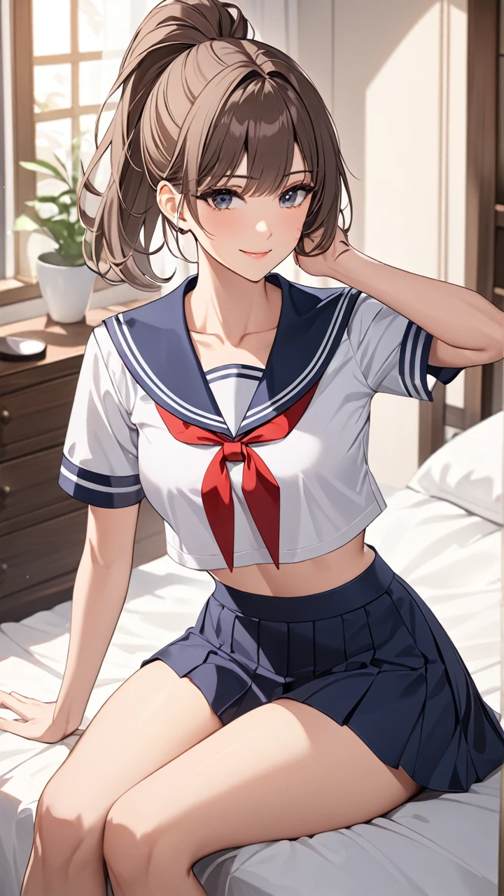 Highest quality　masterpiece　High resolution　masterpiece　Brown Bob　　Grey Eyes, high pony tail cut, wearing sailor uniform, seductive smile, tight, sit, bedroom, midriff peek, mature female, adjusting hair