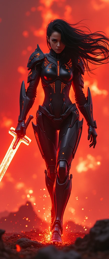 (Facing viewer), (masterpiece:1.2, Highest quality,High resolution,Super detailed),8k,wallpaper,(Very detailed),(Armored Core Style),Woman (Emma Watson) in bodysuit robot armor,Black Hair,Random Hairstyles,(Flame Ninja),(Red body),(Detailed face:1.3),(Detailed body:1.3),(Cowboy Shot:1.6),(The background is a red battlefield with a translucent dragon made of summoned flames.:2.0),Hair blowing in the wind,cyber punk,(dynamic),(Preparing for battle,Wield a giant sword with both hands:1.2,The electronic parts of the armor glow.:1.6),(Detailed hands:1.6),(Flashy special move effects:2.0)