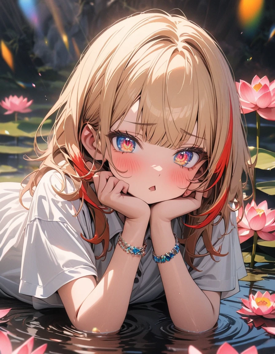 ((Masterpiece)), ((best quality)), (super detail:1.2), (High Definition:1.3), ((extremely detailed)), (8K), (Professional Photography:1.2), (very aesthetic:1.2), (absurdres:1.2), (sharp focus), (perfect light), (drop shadow), ((1girl)), cute young Girl, Shaggy hair, (loose blunt bangs), medium hair, blonde hair with red, ((red streaked hair)), highlights hair, ((face with raised eyebrow)), (glitter eyes), (Drooping eyes), big eyes, colorful eyes, (Beautiful Jewel eyes), blush, ((triangle mouth)), (cute cheeks), glossy lips, pouty lips, bags under the eyes, (lower eyelashes), BREAK, ((best quality)), Fine gemstone bracelet, (Oversized loose buttoned shirt), exposed bare left shoulder, ((Place both hands on the cheeks)), (colorful), cute makeup, ripples in the water, (sitting on the Big lotus flower), lotus flowers, cute, (detailed background:1.2), (newest), clear line,