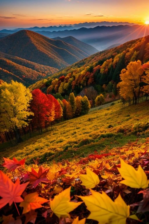 Mountain、autumn leaves、sunset