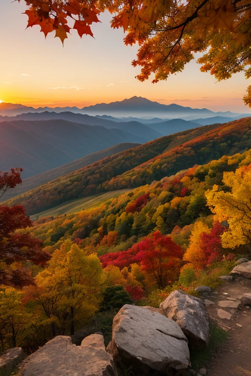 Mountain、autumn leaves、sunset