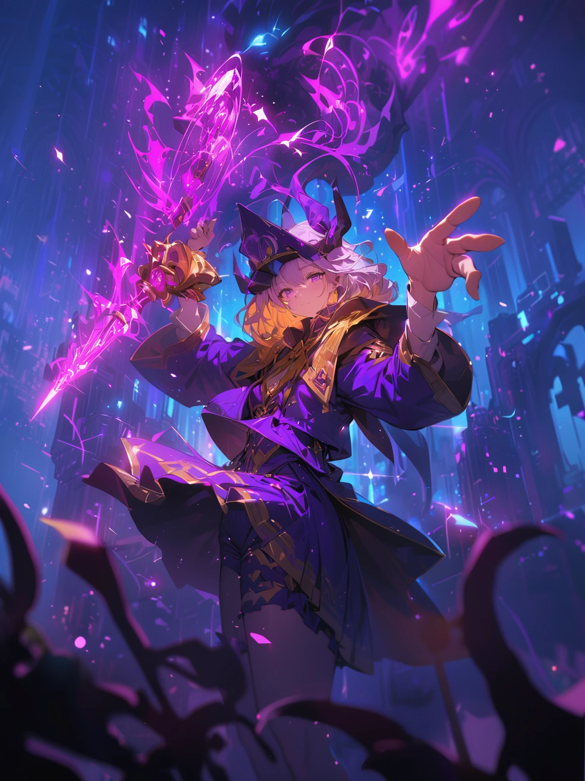 ((best quality)) , ((masterpiece)) , (detailed),A wizard holds a wand,Purple light radiates