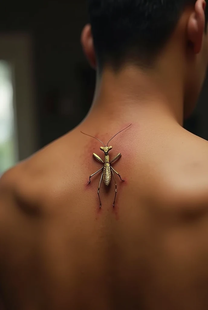 Small golden mantis tattoo on the trapezius of a Latino