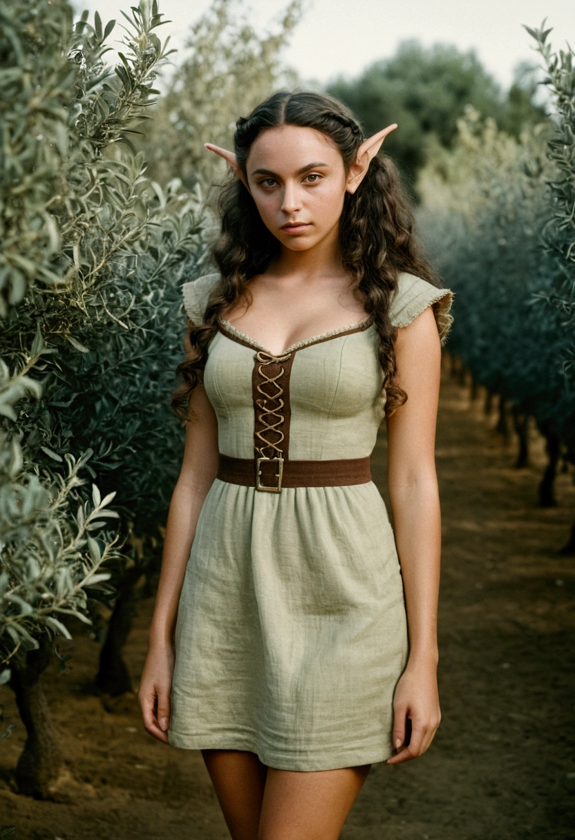 analog film photo, photo of a young elf girl, elf, elf ears, long pointy ears, long dark curls, tan complexion, full hourglass figure, voluptuous, plump round buttocks, wearing a linen mini-dress, posing in an olive grove, resembles Ana De Armas, RAW Photograph, dslr, soft lighting, high quality, film grain, Fujifilm XT3, detailed skin with visible pores, insane details, masterpiece, 8k, 35mm photograph, dslr, kodachrome, faded film, desaturated, grainy, vintage, Lomography, stained, highly detailed, found footage, close-up shot, elven ears