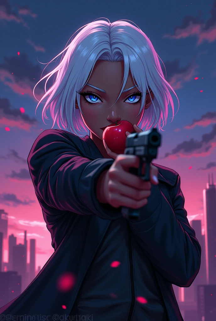 Black girl with white hair, white eyebrow, white eyelashes, brown skin tone,  biting an apple with his left hand and pointing a gun at the camera with his right hand, a night with lighting tones pulled towards purple and a bit of blue, art style: アニメ