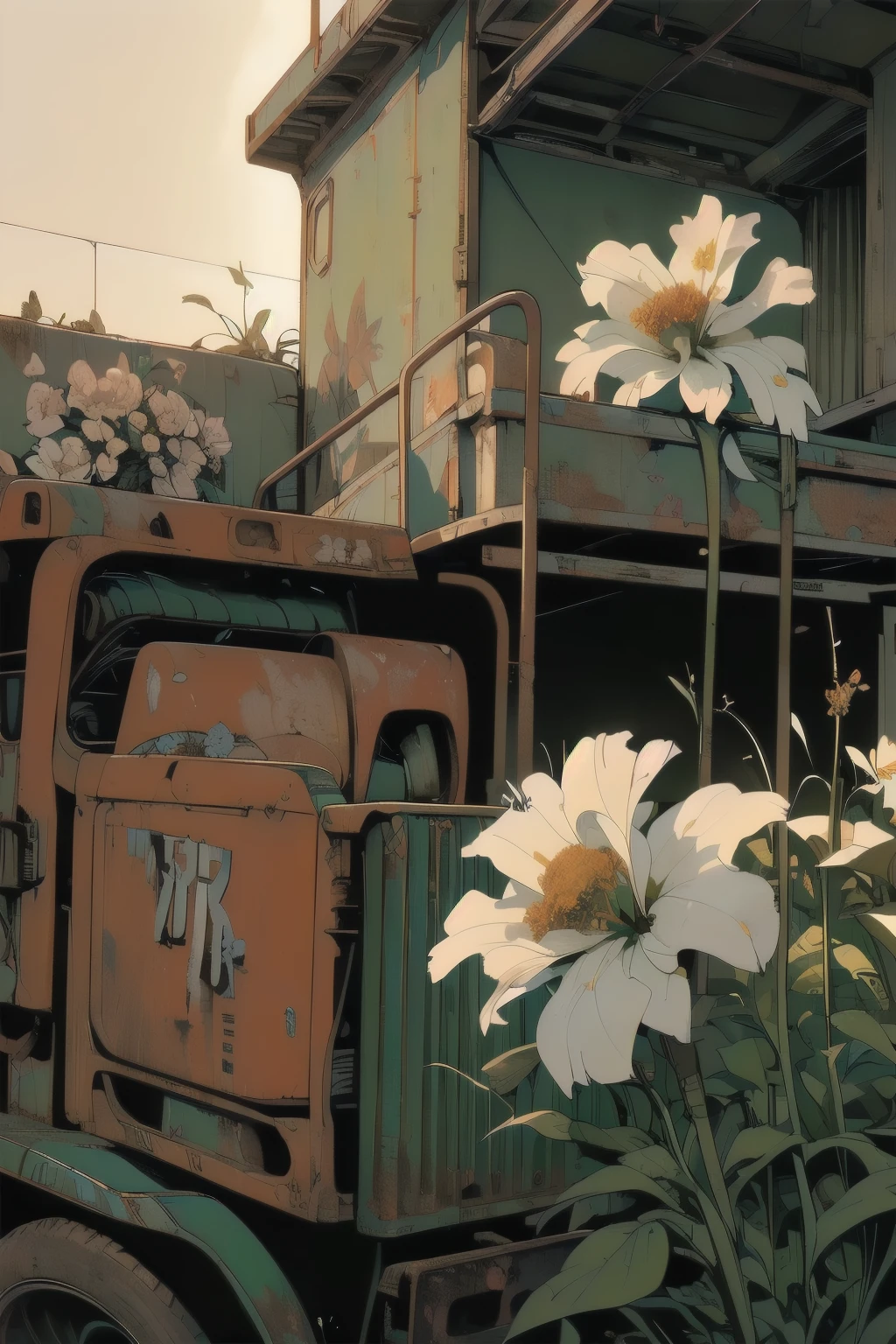 (((Masterpiece, Top Quality))), (((32K wallpaper))), detailed machinery, abandoned factory, stairwell, (((white flower field))), (((rusty white heavy truck))), gorgeous light leak, (((backlit))), detailed background, top quality, (((no humans))), collapsed heavy machinery, complex heavy machinery, pale lighting, (((very dull color )))), (((detailed rusty heavy truck))), (((lots of white flowers falling))), (((flowers growing out of rusty heavy truck))), (((lots of butterflies))), (((abandoned garage))), (((submerged))), (((close up of heavy truck)) ,(((Strong light shines in)))