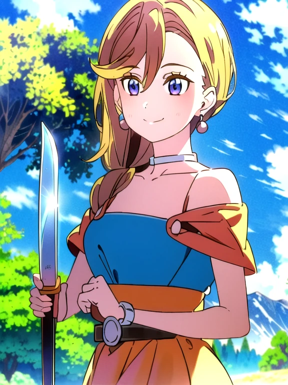 (masterpiece, Highest quality:1.2), 1 Girl, alone, One girl, Bianca, dq5, figure, Anime Style, Long Hair, Blonde, Single Blade, Over the shoulder hair, blue eyes, smile, blue bikini, jewelry, Earrings, choker, bracelet, nature, Outdoor, blue sky