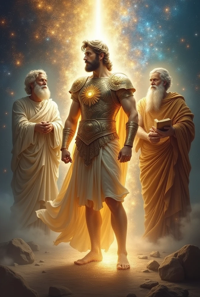 A transcendent and ethereal painting that merges the spiritual and physical realms, depicting some of the most influential figures in human history as divine entities. The central figure, Alexander the Great, is portrayed as a godlike being, with his body subtly transforming into radiant light, blending seamlessly with the surrounding energy. His ornate ancient Macedonian armor appears almost translucent, shimmering with cosmic light, and his sword is depicted as a beam of pure energy, pointing forward with purpose. Alexander stands in the center, slightly elevated, as if floating between dimensions, his eyes glowing with divine wisdom and his gaze fixed towards the infinite.
To the left of Alexander, slightly lower and bathed in a soft, otherworldly light, is Aristotle, his teacher. Aristotle is depicted as a wise and mystical figure, with his robes flowing like liquid light, merging with the ambient energy around him. A luminous halo encircles his head, and his body appears semi-transparent, as if partially existing in another realm. Aristotle holds a scroll, but the text on it is written in symbols that seem to shift and change, reflecting the fluidity of knowledge between worlds. His expression is serene, as he gazes towards Alexander with a look of profound understanding, symbolizing the transmission of divine wisdom.
To the right of Alexander is Plato, depicted as an ancient and enlightened being, with a long beard that seems to flow like a river of stars. His robes are adorned with intricate patterns that glow softly, resembling the constellations. Plato holds a book, but it is more than just a physical object—it appears to be a portal to another dimension, with swirling cosmic energies emanating from it. His other hand is raised, as if gesturing to unlock the mysteries of the universe. Plato’s gaze is directed towards the viewer, his eyes deep and vast, as if containing the wisdom of the cosmos itself.
Further to the left of Aristotle, slightly behind, is