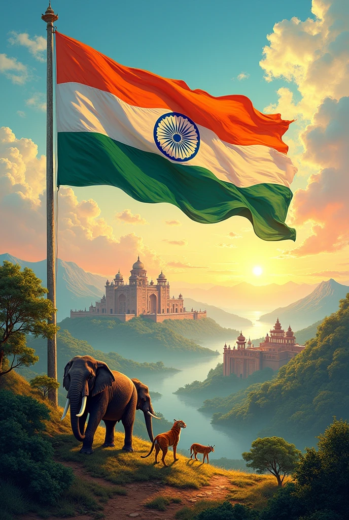 detailed intricate illustration of the Indian flag, vibrant colors of saffron, white and green, dynamic waving design, sun and lotus flower symbols, detailed architecture of historic Indian monuments, rolling hills and landscapes, elephants, tigers, peacocks, mystical spiritual elements, (best quality,8k,highres,masterpiece:1.2),ultra-detailed,(realistic,photorealistic,photo-realistic:1.37),digital painting, concept art, cinematic lighting, dramatic shadows, vivid colors