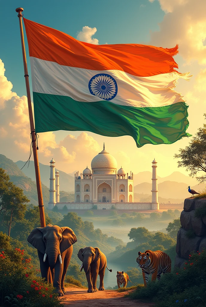 detailed intricate illustration of the Indian flag, vibrant colors of saffron, white and green, dynamic waving design, sun and lotus flower symbols, detailed architecture of historic Indian monuments, rolling hills and landscapes, elephants, tigers, peacocks, mystical spiritual elements, (best quality,8k,highres,masterpiece:1.2),ultra-detailed,(realistic,photorealistic,photo-realistic:1.37),digital painting, concept art, cinematic lighting, dramatic shadows, vivid colors