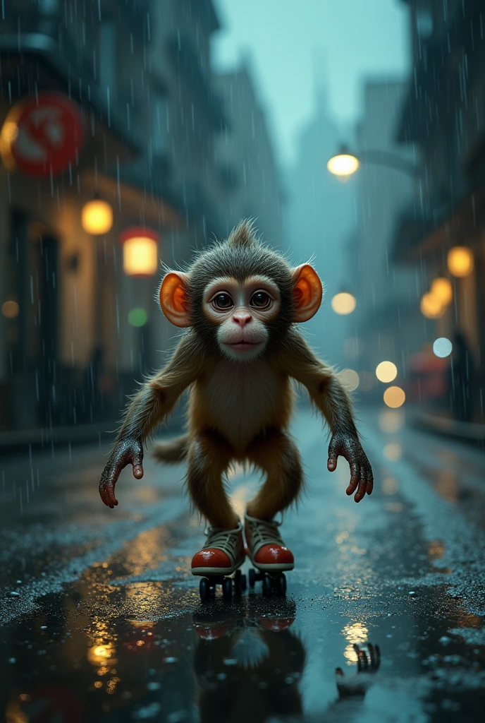 A monkey on roller skates on a rainy night