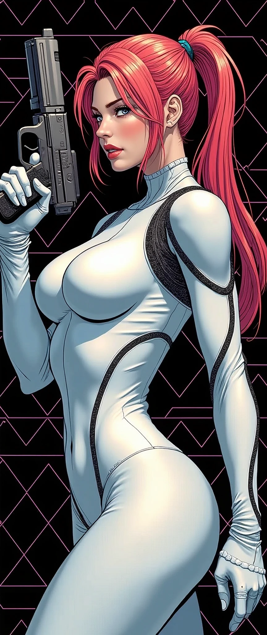 (masterpiece:1.2),(Highest quality),(Very detailed),(Ultra-high resolution),(Best illustrations),8k,wallpaper,Samus Aran,ponytail,Metroid,(The fabric is very thin, a white Zero Suit that clearly shows the shape of the body.:2.0),(front:2.0),whole body,psychedelic,Neon Art,Vector art,Layered textures,sf,cyber punk,(Super sexy:2.0),(Super huge breasts:2.0),(Super thick thighs:2.0),(Super sexyなパワードスーツ:2.0),(Detailed depiction of the Zero Suit:2.0),(Super sensual:2.0),(Background is black with cosmic geometric patterns:2.0),BREAK(Aiming something with a handgun:2.0),(Fire a handgun:2.0),(Muzzle Flash:2.0),(American comic book style:2.0)