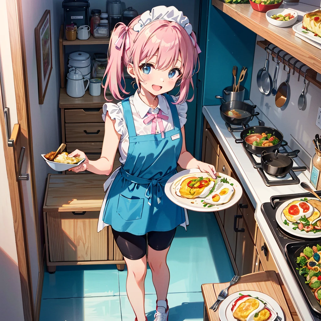 (8k:1.4), masterpiece, best quality, (super fine illustration:1.2), ultra detailed, fine textured, crisp,from above, looking at camera (SNS app screen: 1.2),A pastel-colored illustration, a 1cute girl (),(twin tail cute brownhaircolor),(apron),(flare blue sleeveless blouse) (bike long shorts),(pink ribbon cute shoes)with Too happy smile
standing in open mouth, cooking Omelet rice,(Home economics room), indoors, looking viewer,