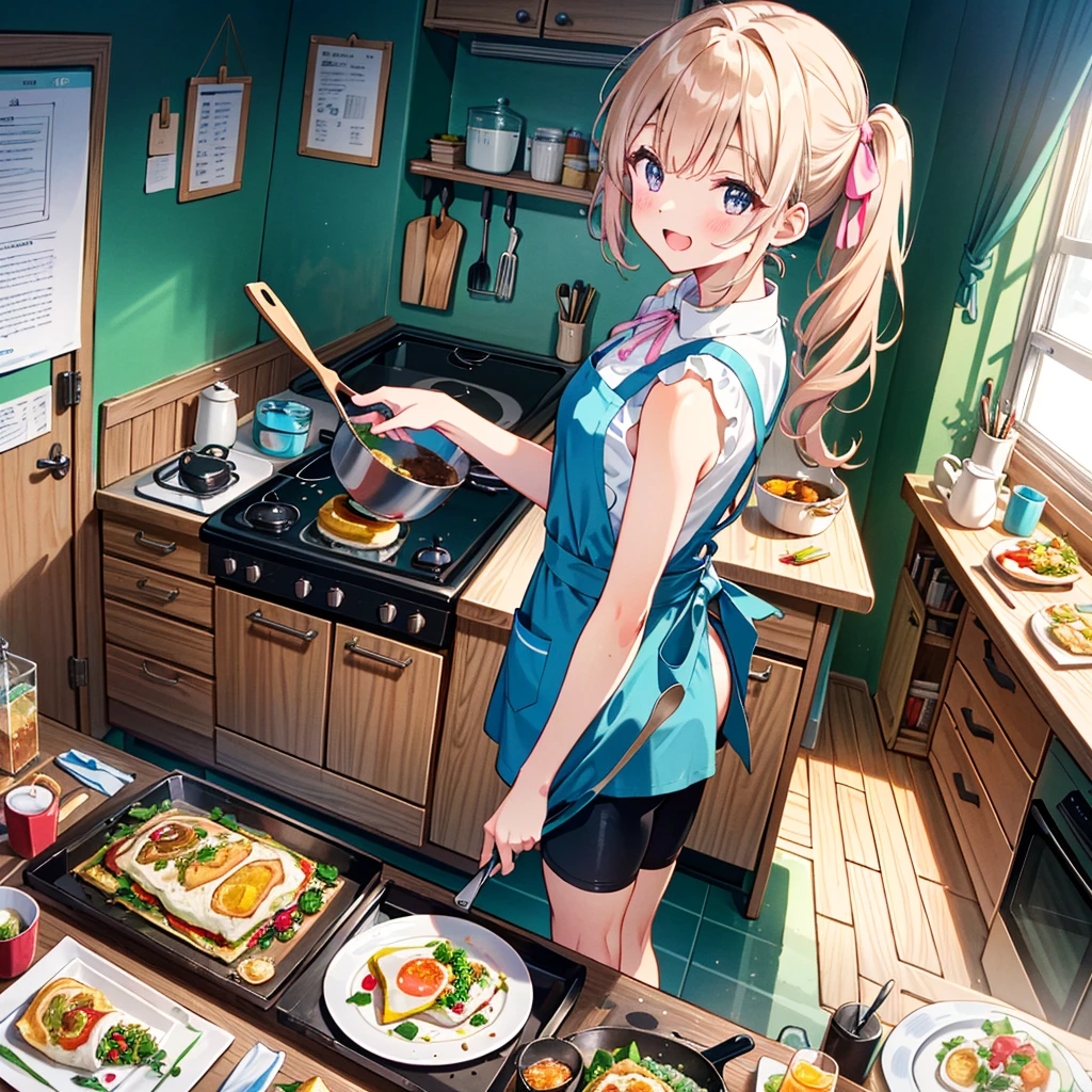 (8k:1.4), masterpiece, best quality, (super fine illustration:1.2), ultra detailed, fine textured, crisp,from above, looking at camera (SNS app screen: 1.2),A pastel-colored illustration, a 1cute girl (),(twin tail cute brownhaircolor),(apron),(flare blue sleeveless blouse) (bike long shorts),(pink ribbon cute shoes)with Too happy smile
standing in open mouth, cooking Omelet rice,(Home economics room), indoors, looking viewer,
