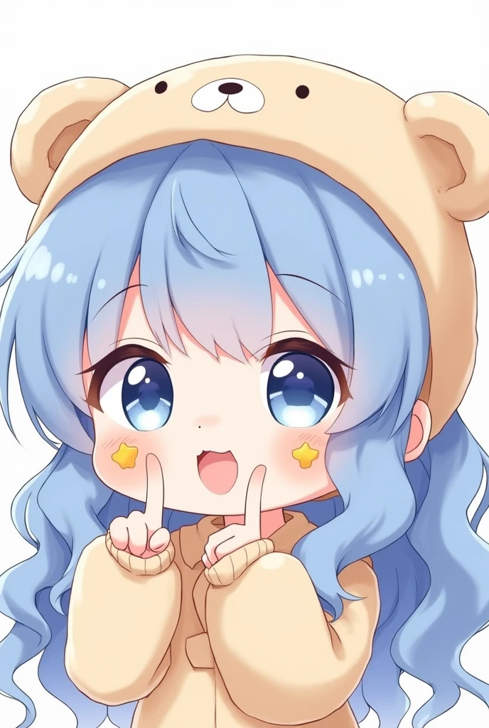 A chibi drawing of a girl with long, wavy blue hair wearing a bear hat. She has two fried eggs on her cheeks, big cute eyes, and her finger is poking her cheek.
