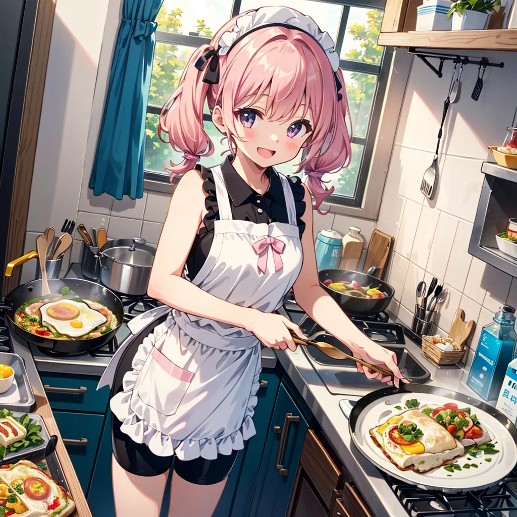 (8k:1.4), masterpiece, best quality, (super fine illustration:1.2), ultra detailed, fine textured, crisp,from above, looking at camera (SNS app screen: 1.2),A pastel-colored illustration, a 1cute girl (),(twin tail cute brownhaircolor),(apron),(flare blue sleeveless blouse) (bike long shorts),(pink ribbon cute shoes)with Too happy smile
standing in open mouth, cooking Omelet rice,(Home economics room), indoors, looking viewer,