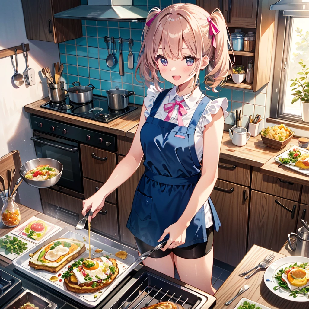 (8k:1.4), masterpiece, best quality, (super fine illustration:1.2), ultra detailed, fine textured, crisp,from above, looking at camera (SNS app screen: 1.2),A pastel-colored illustration, a 1cute girl (),(twin tail cute brownhaircolor),(apron),(flare blue sleeveless blouse) (bike long shorts),(pink ribbon cute shoes)with Too happy smile
standing in open mouth, cooking Omelet rice,(Home economics room), indoors, looking viewer,