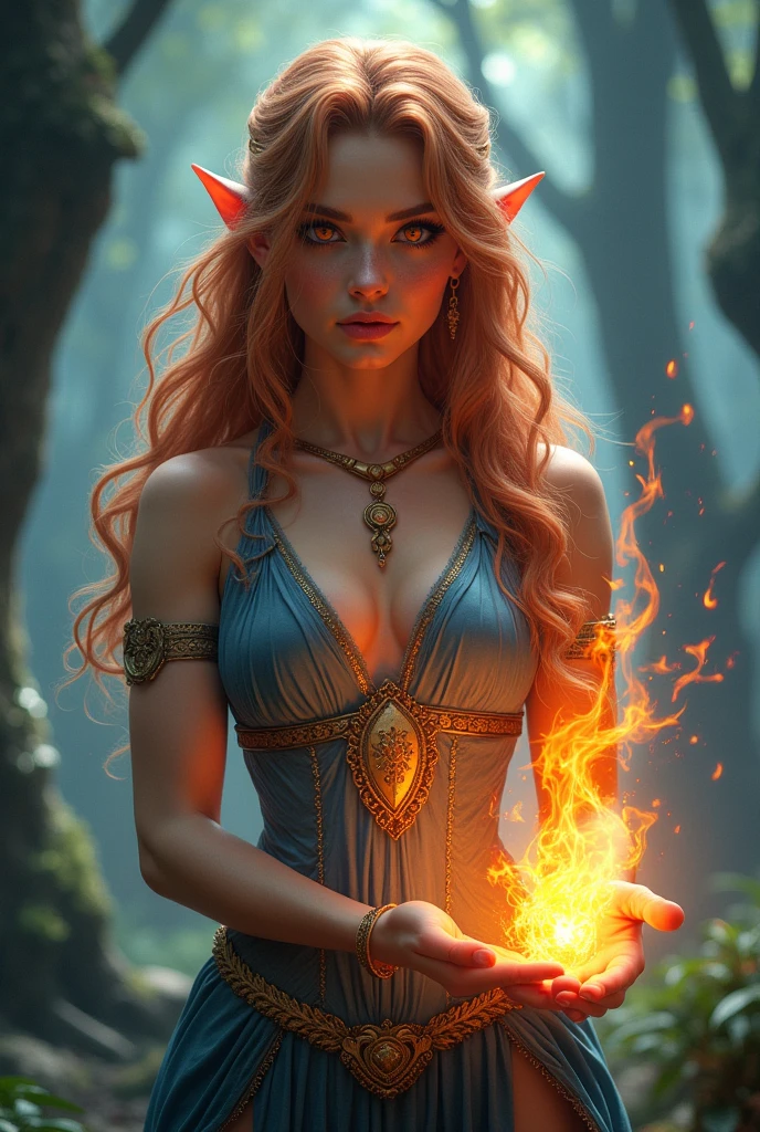 Triss Merigold conjures fire magic in her hands, best qualityer, high resolution, ultradetailed, (realisitic: 1,37), beautiful detailed eyes, beautiful detailed lips, extremely detailed eye and face, long eyelashes, (HDR: 1,1), (bright coloured: 1,1), (sharp focus: 1,1), (physics-based rendering: 1,1), portraite, enchantress, Bblack hair, A stark white mecha, intricate gold jewelry, Elven heritage, Red eyes, confident expression, ferocious, standing in a magical forest, against a backdrop of ancient trees and mist, wearing a flowing dress crafted from shimmering fabric, soft sunlight filtering through the leaves, casting a warm, ethereal glow over her, surrounded by haunting shades of blue and purple, illuminating her with a mystical aura.