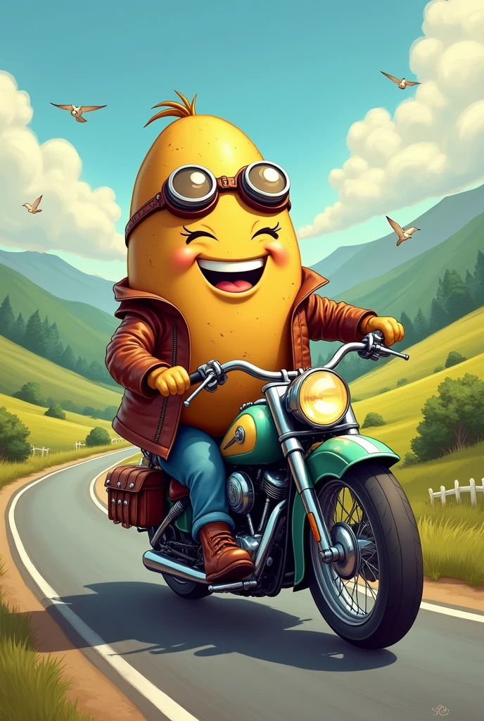 Drawing of a happy Potato riding a motorcycle.