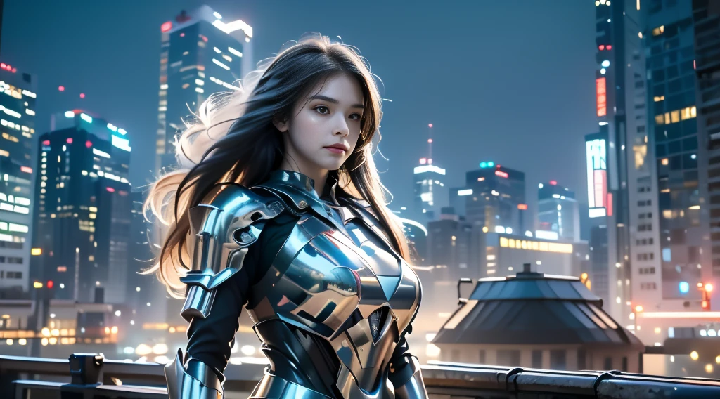 ((masterpiece, best quality, Highest image quality, high resolution, Reality, RAW photos, 8K)), Bustling future city night scene，Girl standing on the roof，Hollow armor battle suit，Off-shoulder，Large Breasts，Long hair，Pretty face，Closed mouth，dramatic，Upper Body，（midnight）