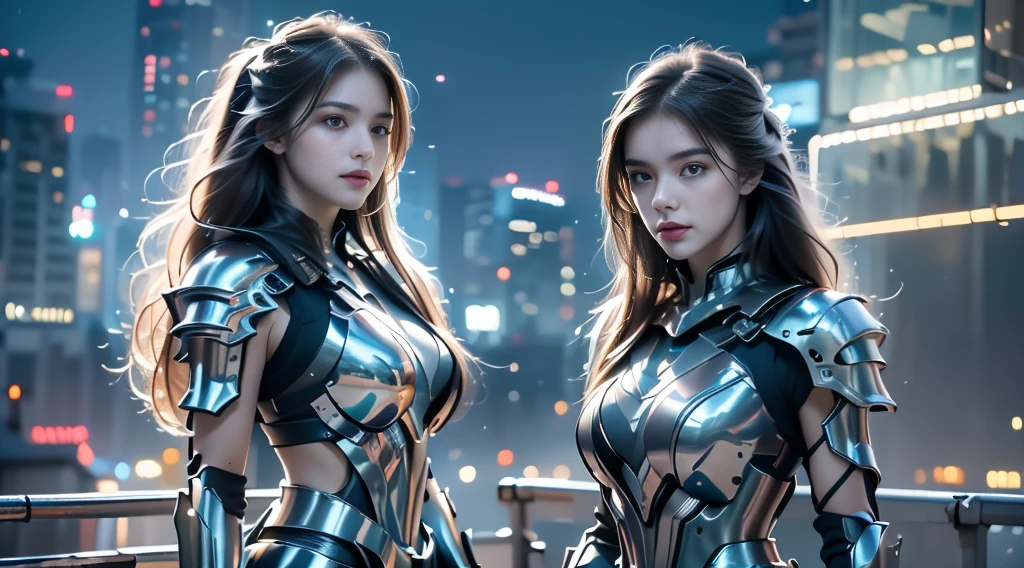 ((masterpiece, best quality, Highest image quality, high resolution, Reality, RAW photos, 8K)), Bustling future city night scene，Girl standing on the roof，Hollow armor battle suit，Off-shoulder，Large Breasts，Long hair，Pretty face，Closed mouth，dramatic，Upper Body，（midnight）