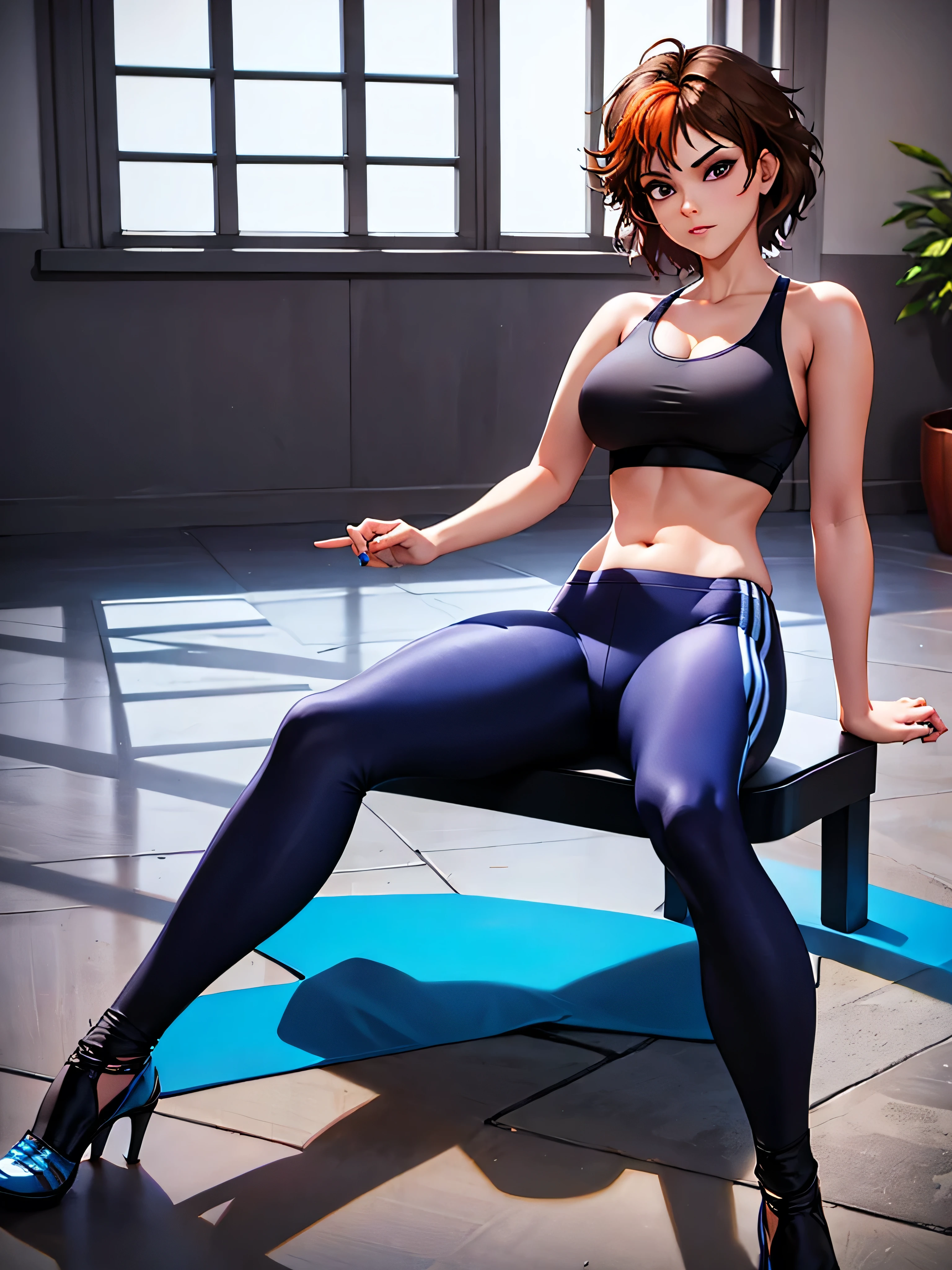 merula, pose sexy, High heels, Sexy sports bra, blue adidas yoga pants, Whole body, thighs, sitting pose