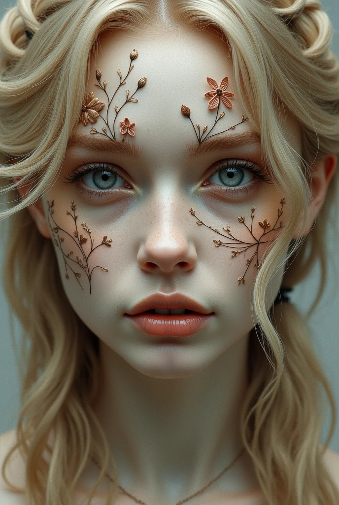 face of a blonde woman with long hair and light eyes, on her face there is an outline of flowers and she is wearing a mask