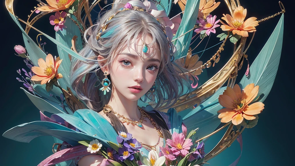 32K, 最高quality, 最高masterpiece, (ultra-Detailed Background, Detailed Background), High resolution, Super detailed, Very detailedな, 1 personの, (bouquet:1.3), (Tangled:1.2), (Geometric:1.2),(colorful),(masterpiece, quality, best quality, Official Art, Beautiful and beautiful:1.2), (1 person:1.3), Very detailed,(colorful:1.1)(Flowers:1.3),Most detailed,(Tangled:1.2), whole body, (Abstract background:1.3), (Skin glows), (Many colors:1.4), ,(Earrings Jewelry:1.5), Light Blue Background,