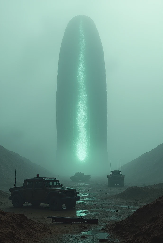 (Highest quality, 8k, masterpiece: 1.3), sf、(Mysterious fog)、Scars of the Battlefield、Wrecked Vehicles、Abandoned Weapons、Rusty rifle、(The Hyperscientific Otherworldly Transfer Gate, the center is emitting light, a vortex of particles)、Wide angle、From the sky、