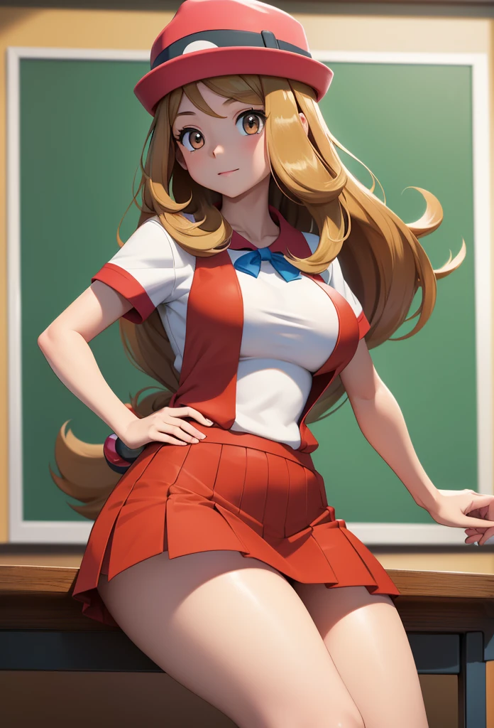 Masterpiece,Solo,1Girl,Serena,(Pokemon),Big Breasts,Perfect Body,Sexy Body Hot,Ultra High Quality,Ultra High Resolution,Photograph 16K,Ultra Detailed,Long Hair,Brown Hair,Beautiful,Beautiful Girl,Classroom Background,Theme School Girl,School Girl Short Sleeve Japanese,Short Skirt,All Style,Wearing A Hat
