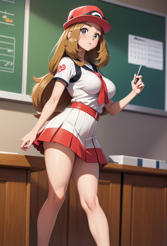 Masterpiece,Solo,1Girl,Serena,(Pokemon),Big Breasts,Perfect Body,Sexy Body Hot,Ultra High Quality,Ultra High Resolution,Photograph 16K,Ultra Detailed,Long Hair,Brown Hair,Beautiful,Beautiful Girl,Classroom Background,Theme School Girl,School Girl Short Sleeve Japanese,Short Skirt,All Style,Wearing A Hat