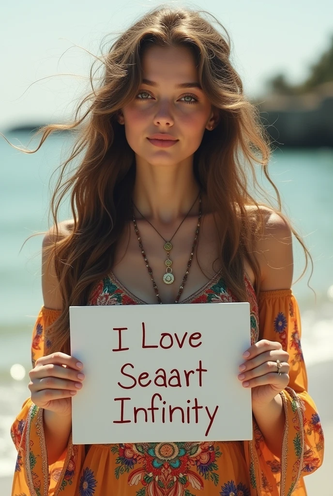 Beautiful girl with wavy long hair, bohemian dress, holding a white board with text "I Love Seaart Infinity" and showing it to the viewer