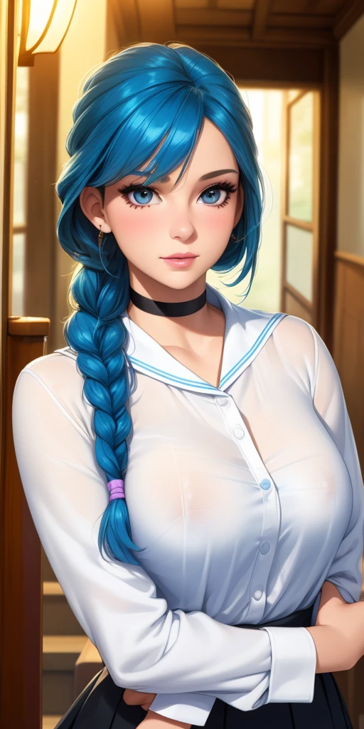(best quality, ultra-detailed, photorealistic: 1.39), bright and vibrant colors, studio lighting, romantic expression, An effeminate girl, with a delicate and beautiful face. has a thin body, but well designed, your skin is white and very pale. her sparkling is blue hair with braid, likes to wear makeup, ((Wear a black choker)), outfit emocore, schoolgirl long sleeve blouse, on the stairs at the school entrance