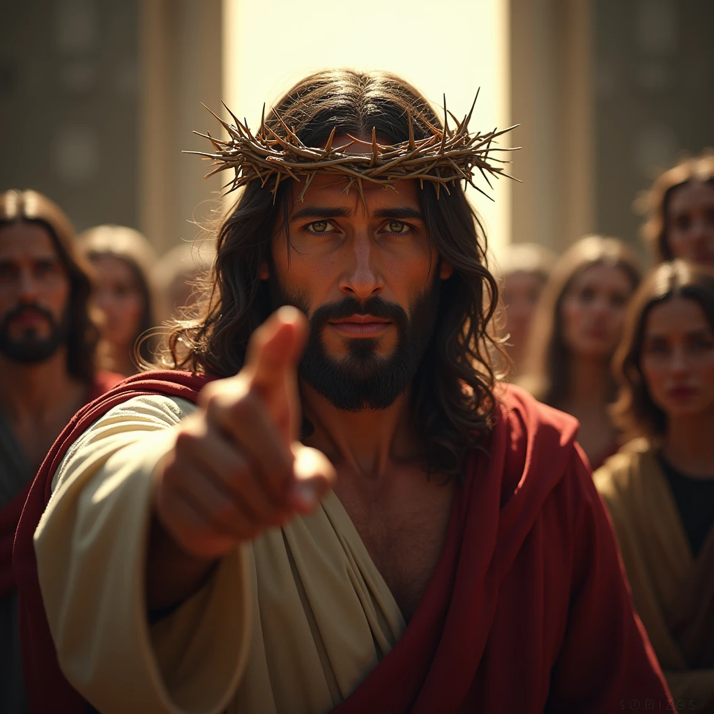 "Hyper-realistic depiction of Jesus wearing a crown of thorns on His head, centrally positioned on the screen. He is pointing a finger forward while looking straight ahead with an intense gaze. The scene is well-lit, with Jesus standing in an outdoor environment as the background."






