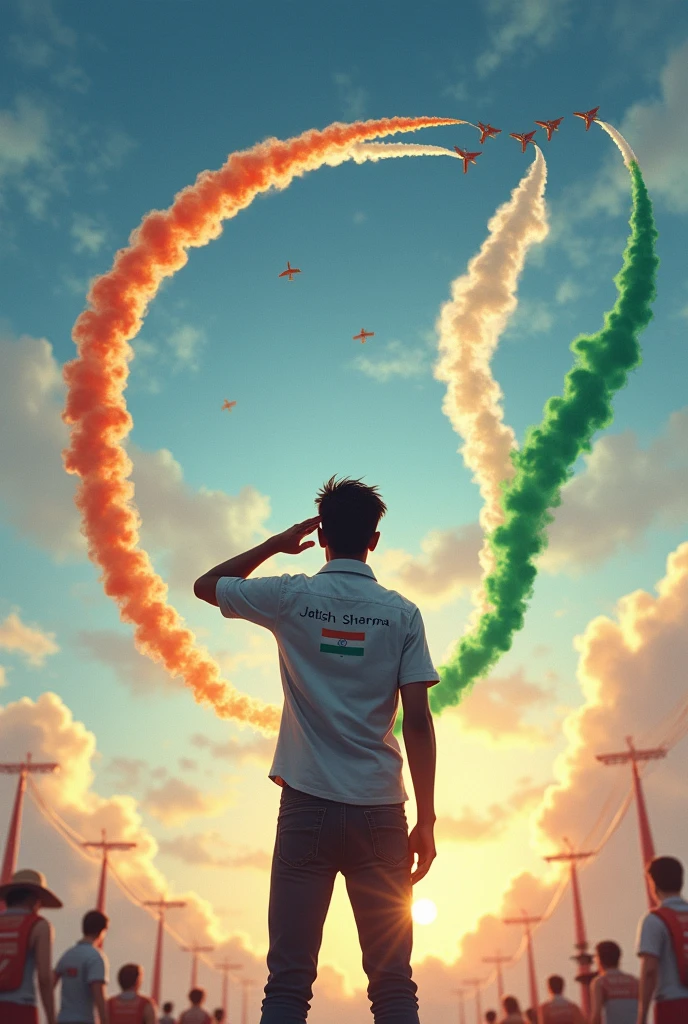 A 16 year old boy named on whose back jatish sharma is written . He is tall and handsome. He is saluting to india flag .Air show is going on and making india flag