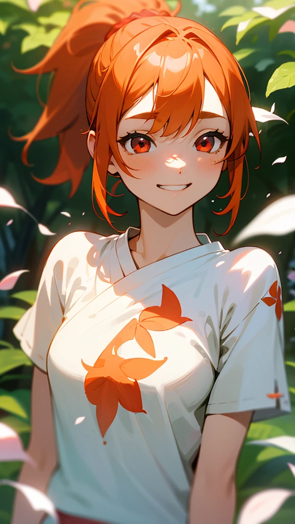 1 Girl、Orange Hair、ponytail、Beautiful red eyes、Ukiuki、Grin、White T-shirt with ethnic pattern、White shorts、1 beautiful and delicate portrait、The background scenery is a garden where petals are scattering.、Soft lighting、Upper body close-up