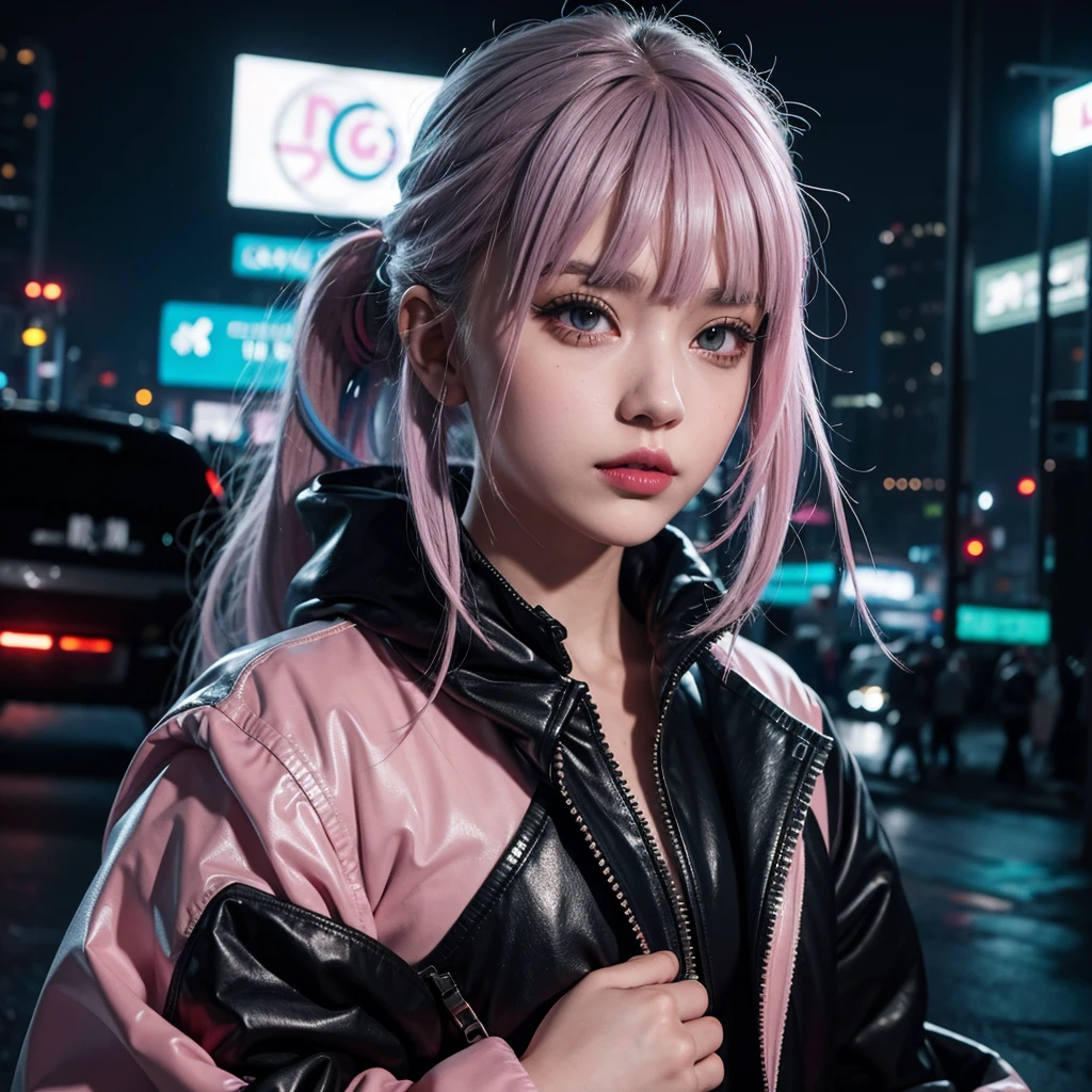 lucy \(cyberpunk\), 1girl, hair scrunchie, hime cut, silver hair, colored tips, full moon, grey eyes, jacket, long sleeves, looking at viewer, medium hair, multicolored hair, parted bangs, parted lips, pink hair, portrait, red eyeliner, red lips, solo, white jacket, cyberpunk \(series\), rainy night in a cyberpunk city with glowing neon lights. 8K HDR, High Resolution.
